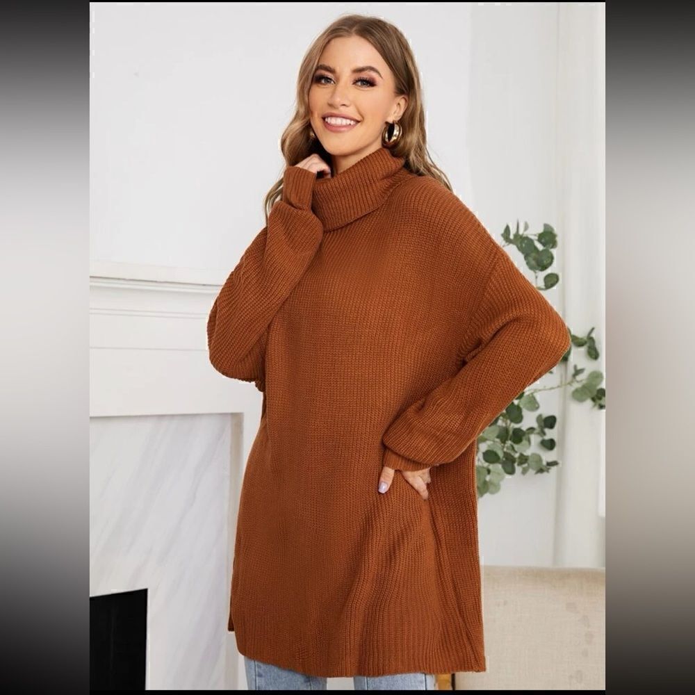 Shein Funnel Neck Drop Shoulder Ribbed Knit Sweater